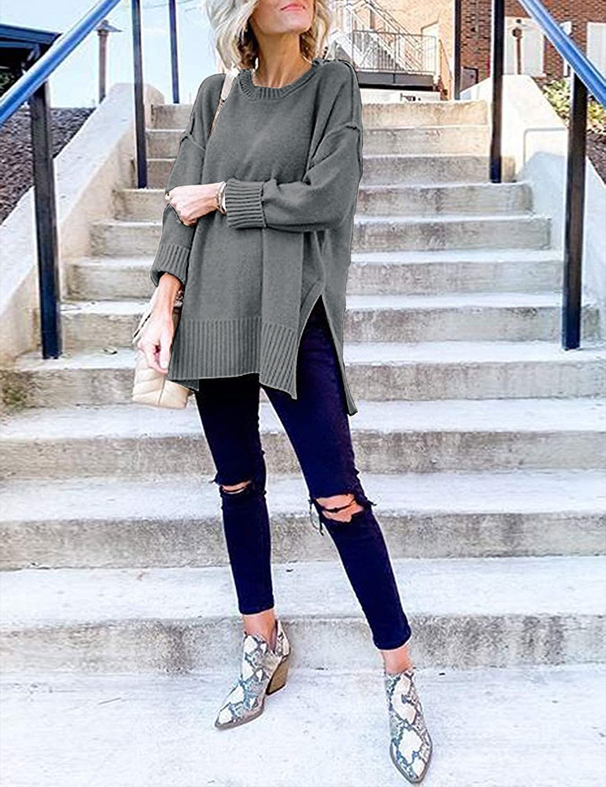 Women's Casual Crew Neck Side Split Pullover Sweater