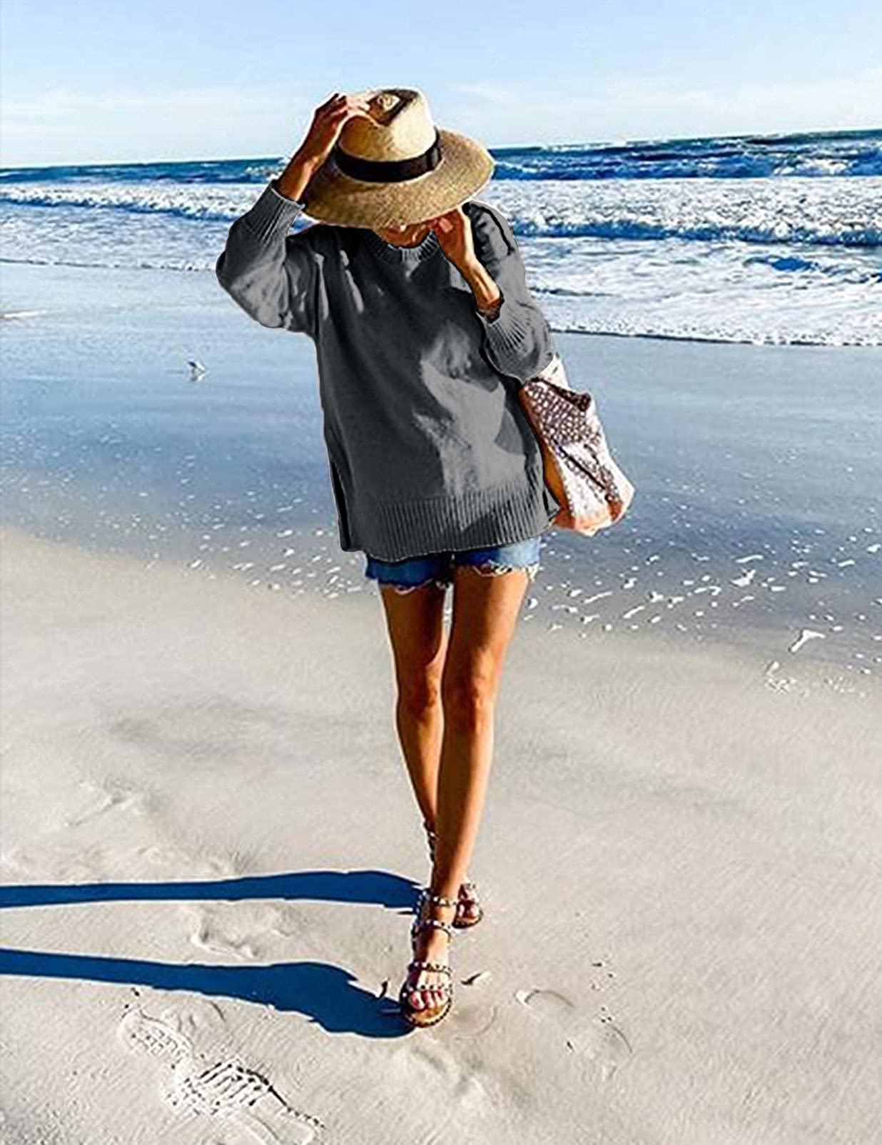 Women's Casual Crew Neck Side Split Pullover Sweater