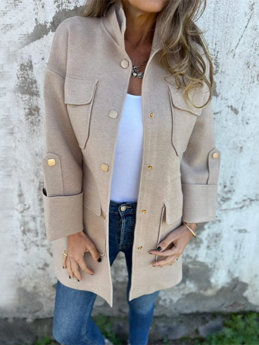 Casual Button-up Stand Collar Multi-Pocket Wool Jacket