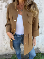 Casual Button-up Stand Collar Multi-Pocket Wool Jacket