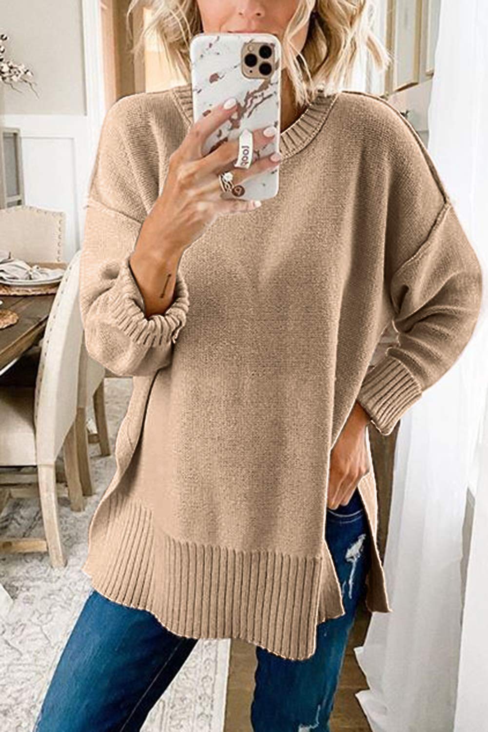 Women's Casual Crew Neck Side Split Pullover Sweater