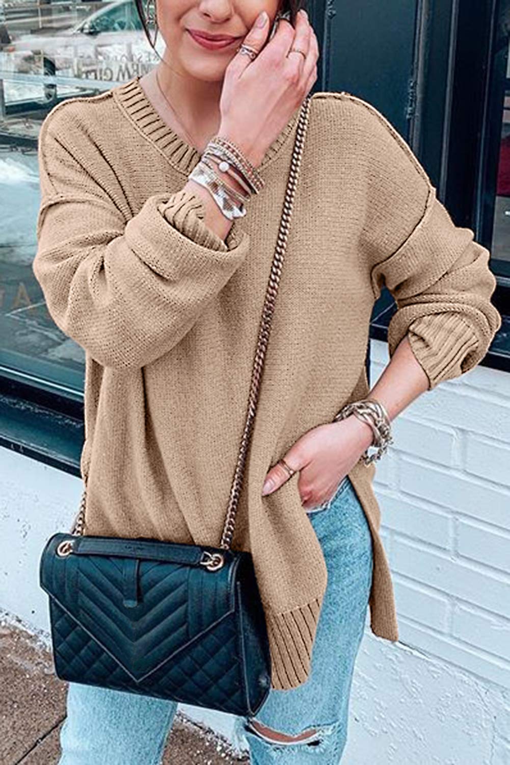 Women's Casual Crew Neck Side Split Pullover Sweater