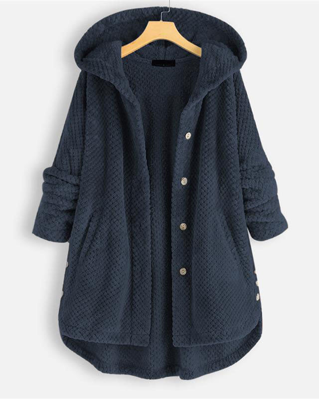 Button Closure Rounded Hem Hooded Sweatshirt Jacket