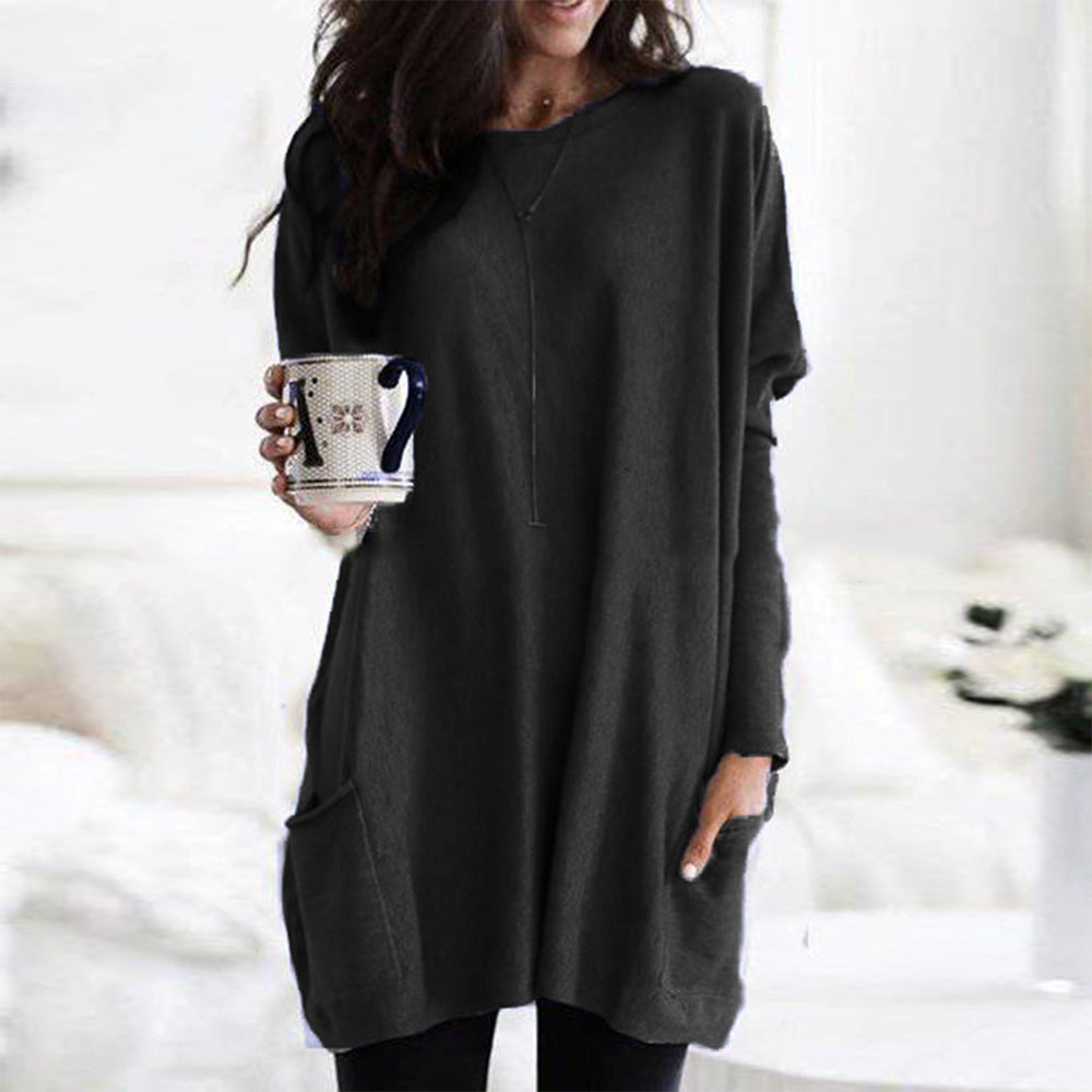 Women's Autumn Pullover Casual Round Neck Long Sleeve Pocket T-shirt Top