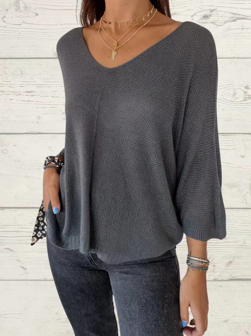 V-neck knitted casual pullover top