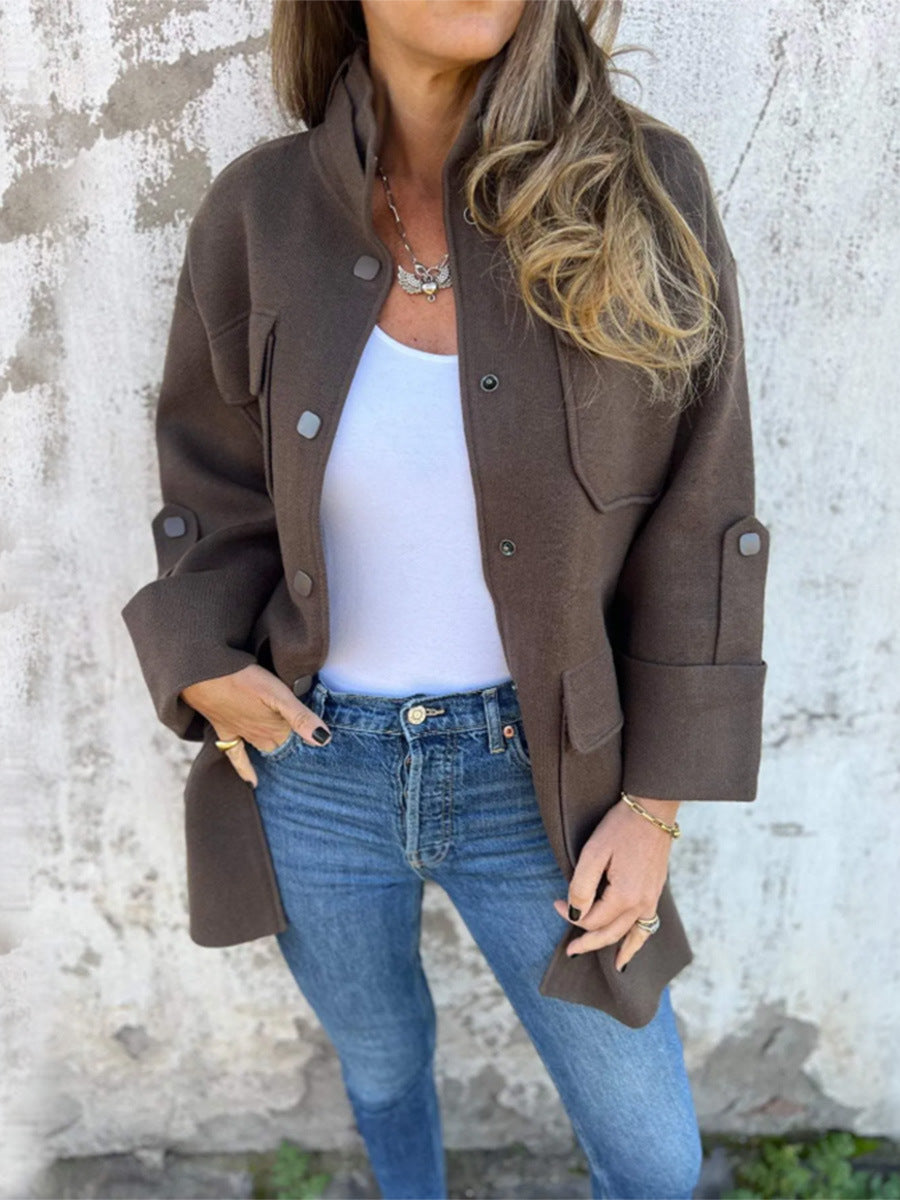 Casual Button-up Stand Collar Multi-Pocket Wool Jacket