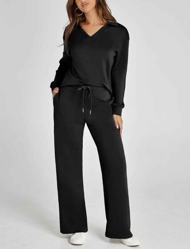 Women's Casual Long Sleeve Sweatsuits Polo Top and Wide Leg Pants Matching Sets