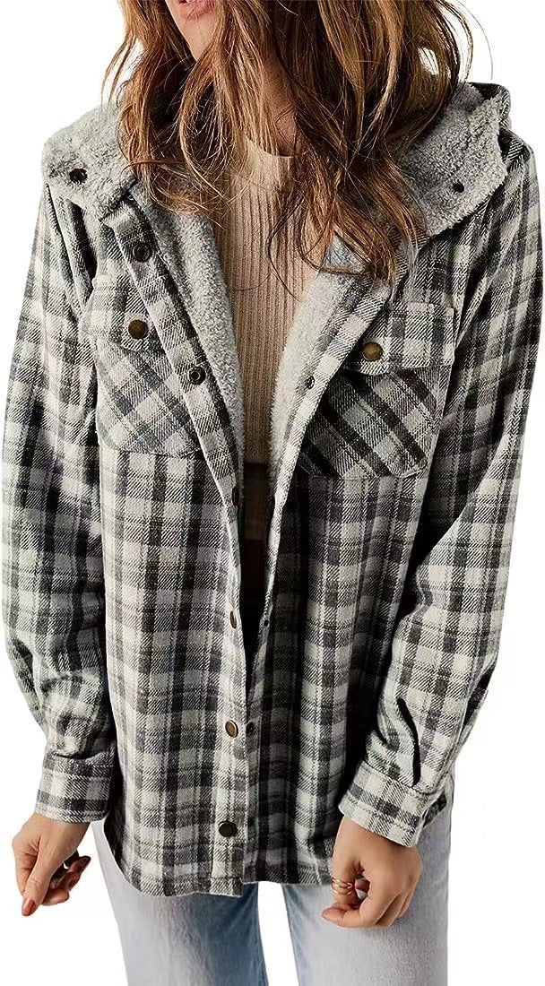 Womens Plaid Long Sleeve Button Down Fleece Warm Coat