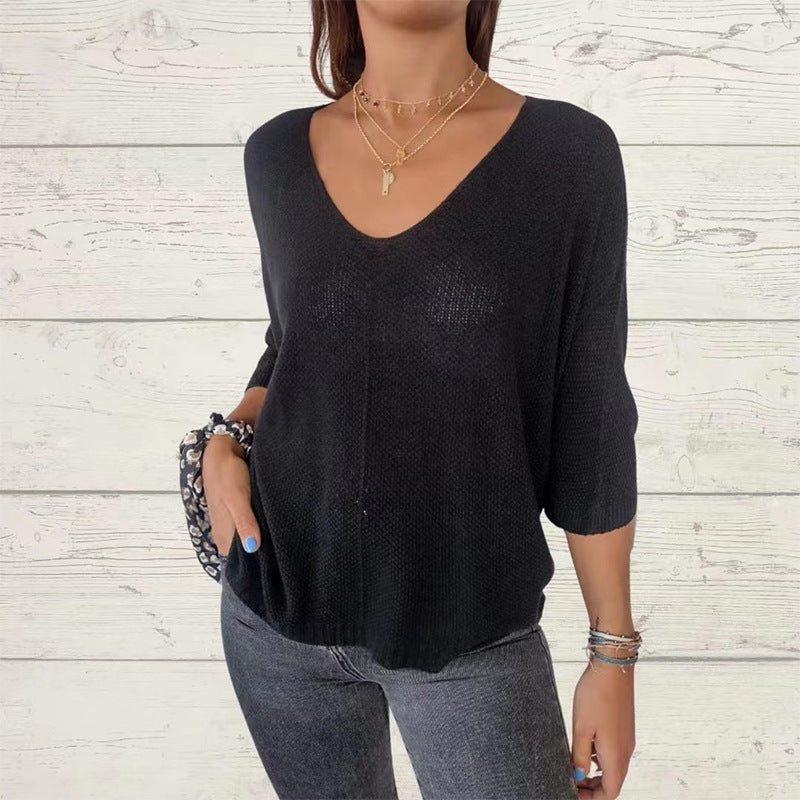 V-neck knitted casual pullover top