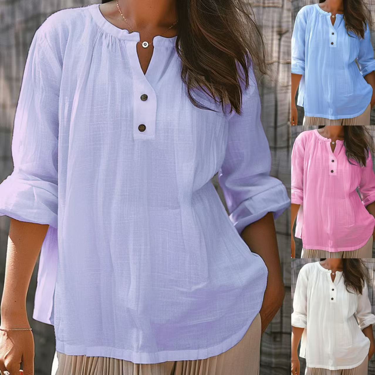 Casual Loose Fashion Long Sleeve Bamboo Solid Color Retro Round Neck Pullover