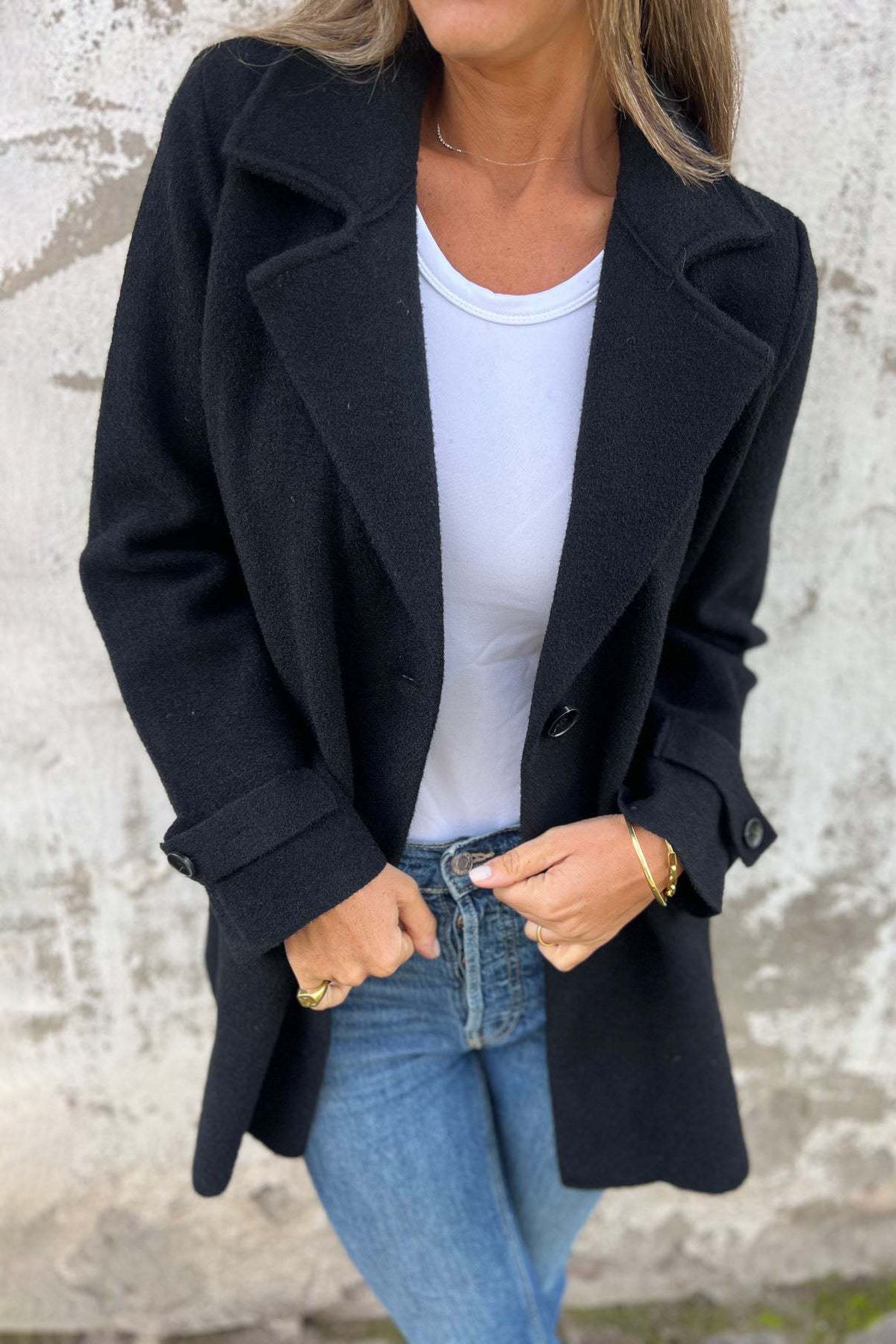 Woolen loose lapel fake pocket cardigan coat