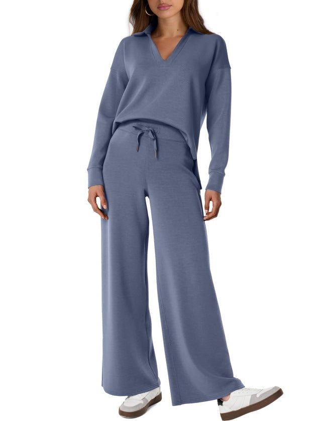 Women's Casual Long Sleeve Sweatsuits Polo Top and Wide Leg Pants Matching Sets