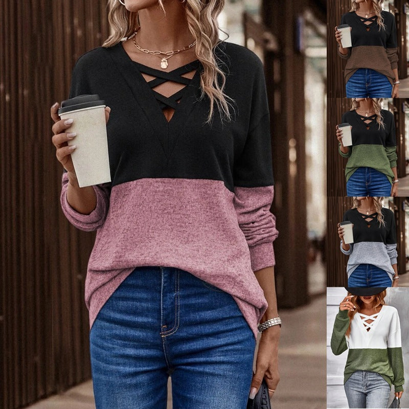 V-Neck Cross Contrast Color Splicing Drop Shoulder Casual Sweater Pullover