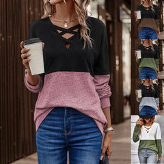 V-Neck Cross Contrast Color Splicing Drop Shoulder Casual Sweater Pullover