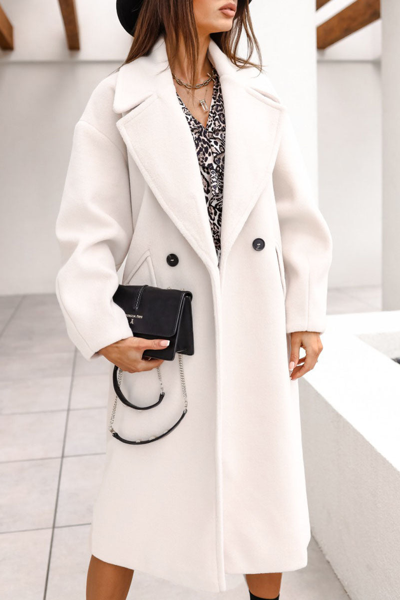 Elegant Double-breasted Blazer-collar Long Woolen Coat