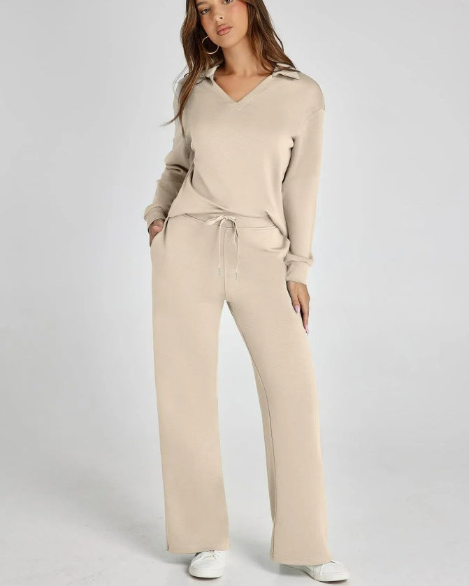 Women's Casual Long Sleeve Sweatsuits Polo Top and Wide Leg Pants Matching Sets