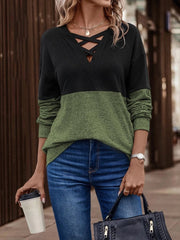 V-Neck Cross Contrast Color Splicing Drop Shoulder Casual Sweater Pullover