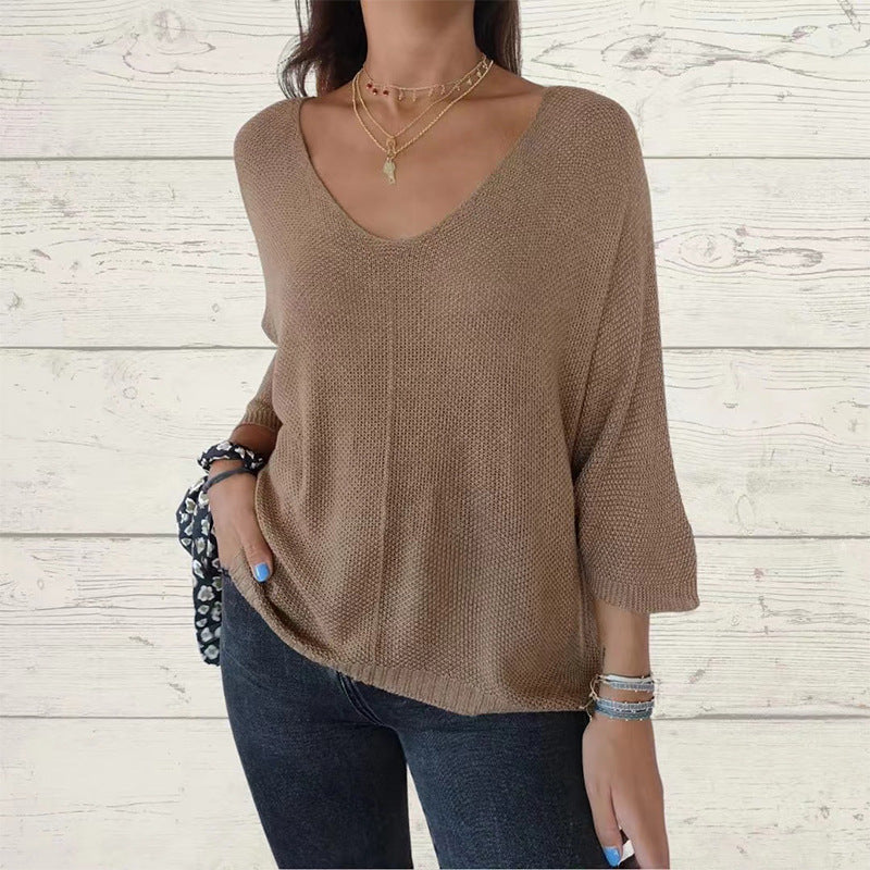 V-neck knitted casual pullover top