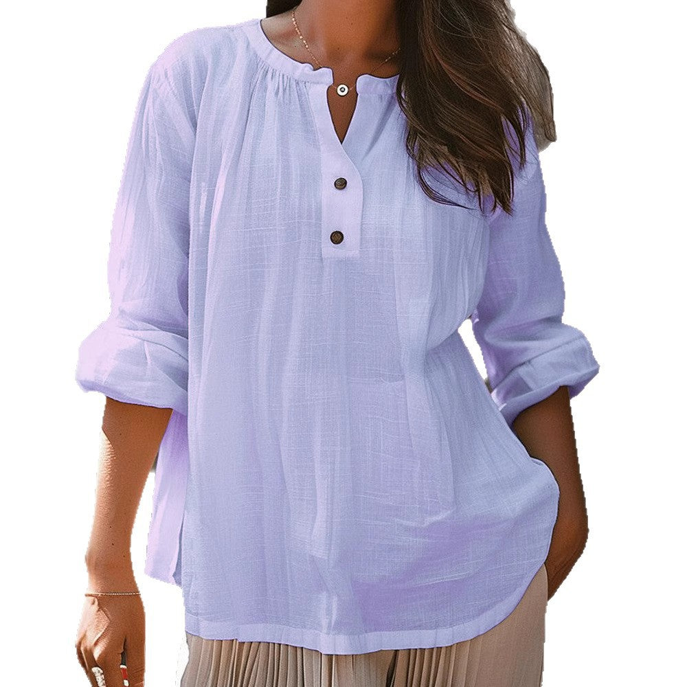 Casual Loose Fashion Long Sleeve Bamboo Solid Color Retro Round Neck Pullover