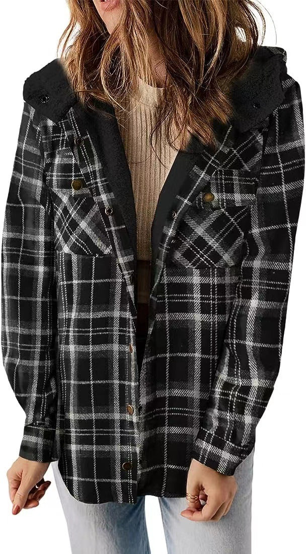 Womens Plaid Long Sleeve Button Down Fleece Warm Coat