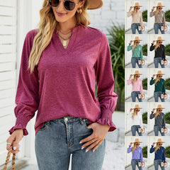 Women's Pullover Top Autumn Casual V-neck Solid Color Ruffle Sleeve Loose T-shirt