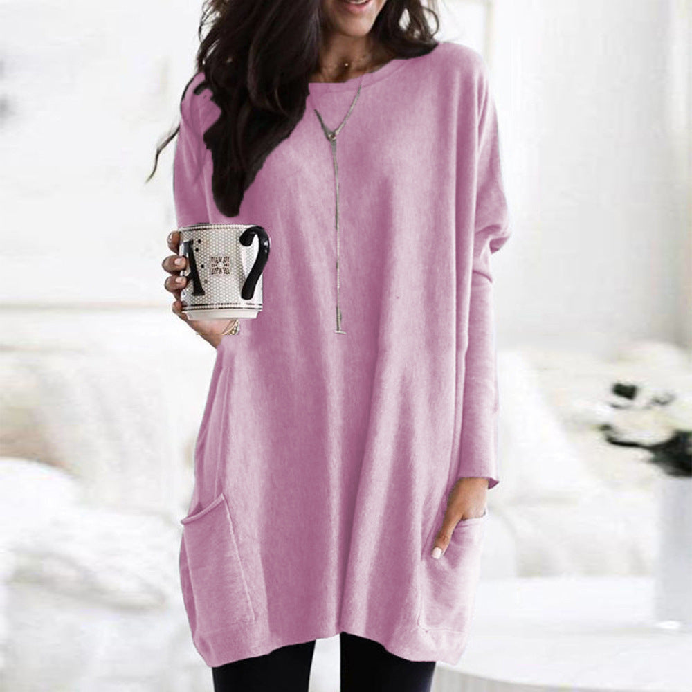 Women's Autumn Pullover Casual Round Neck Long Sleeve Pocket T-shirt Top