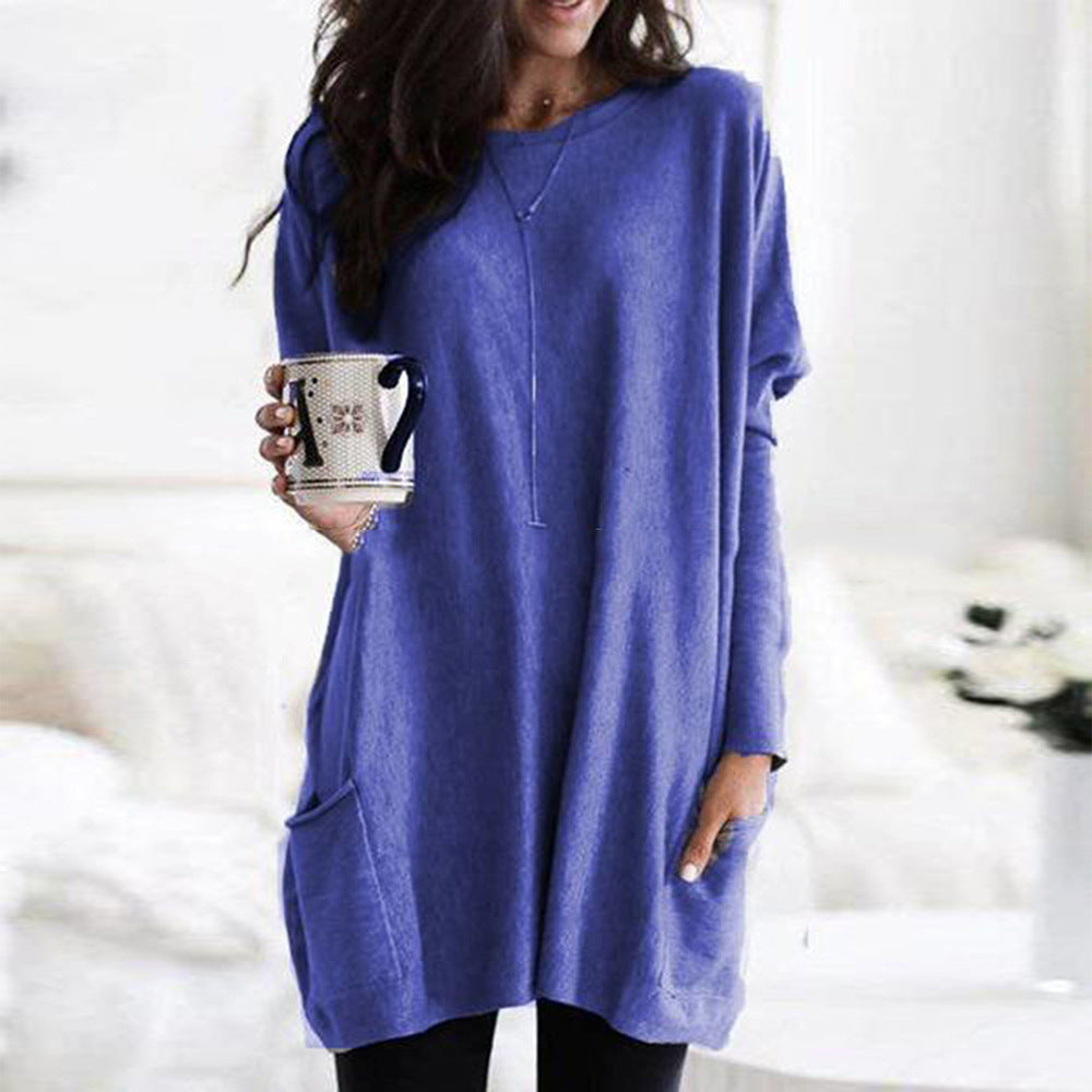 Women's Autumn Pullover Casual Round Neck Long Sleeve Pocket T-shirt Top