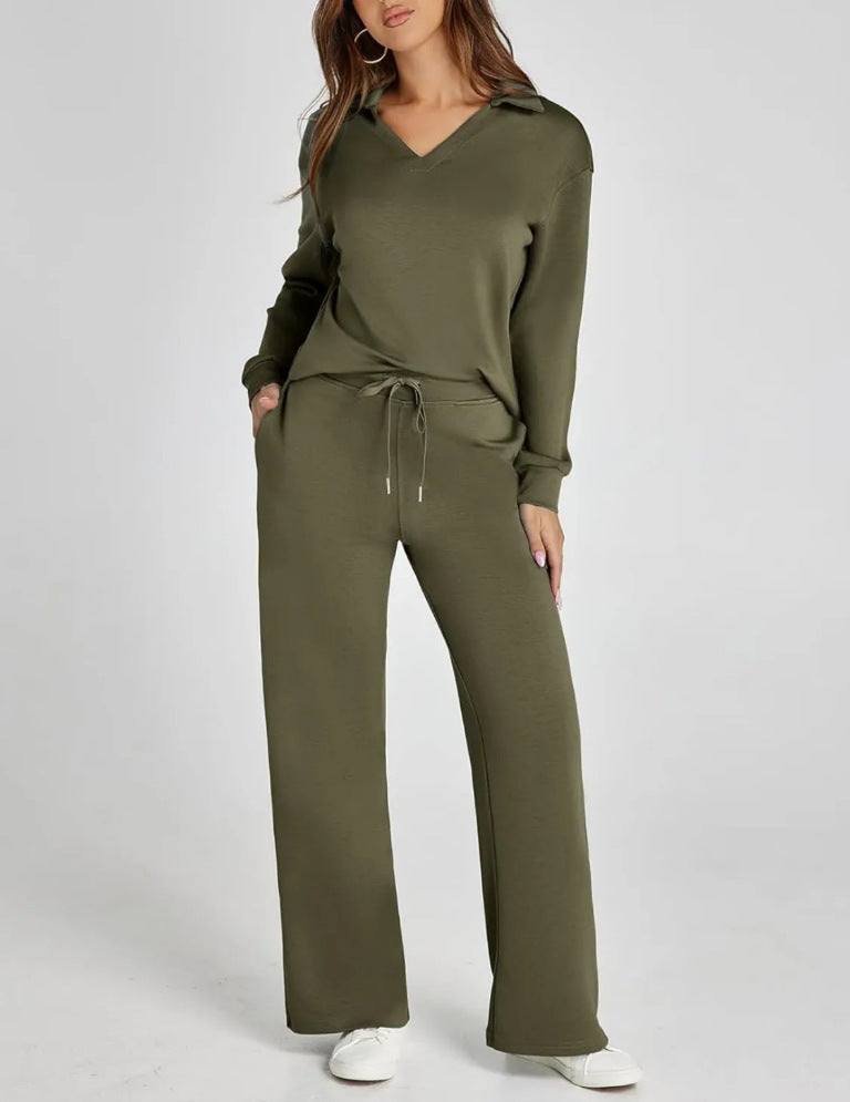 Women's Casual Long Sleeve Sweatsuits Polo Top and Wide Leg Pants Matching Sets