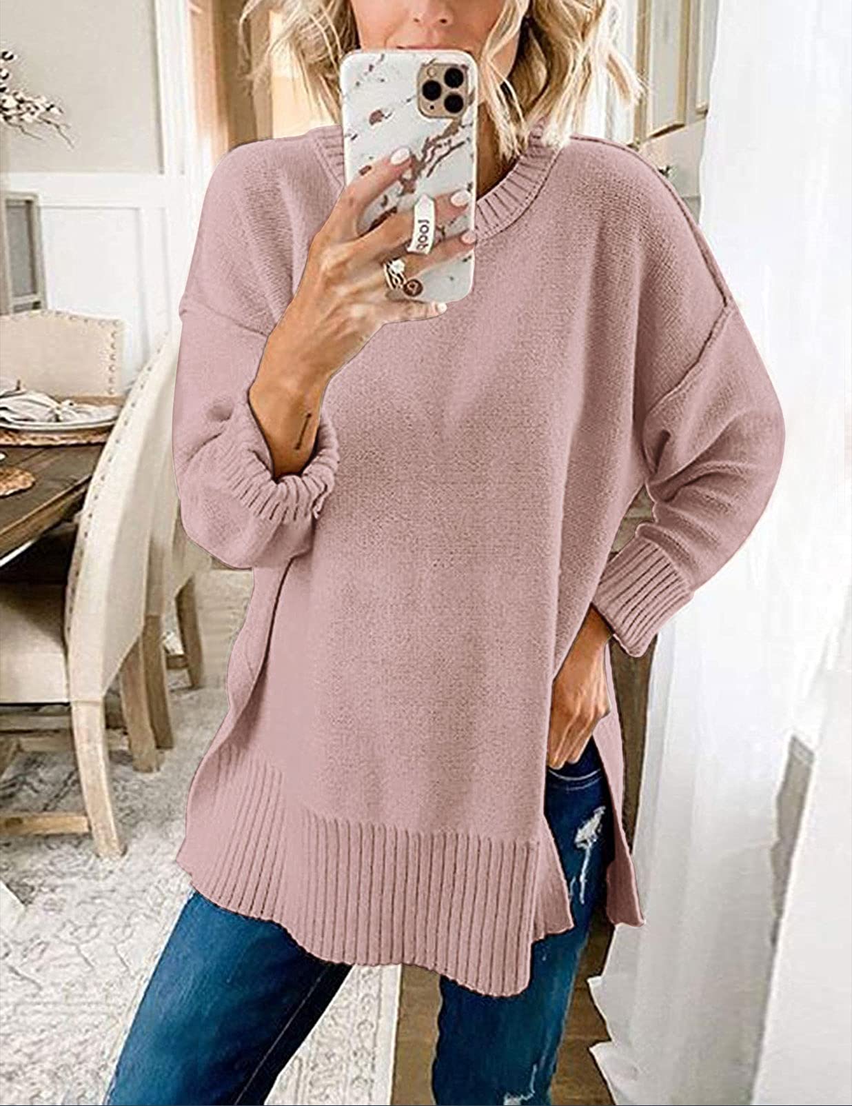 Women's Casual Crew Neck Side Split Pullover Sweater