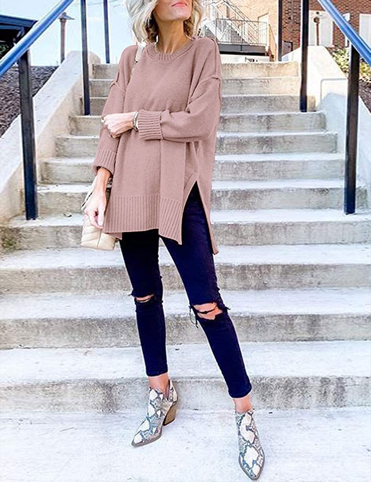 Women's Casual Crew Neck Side Split Pullover Sweater