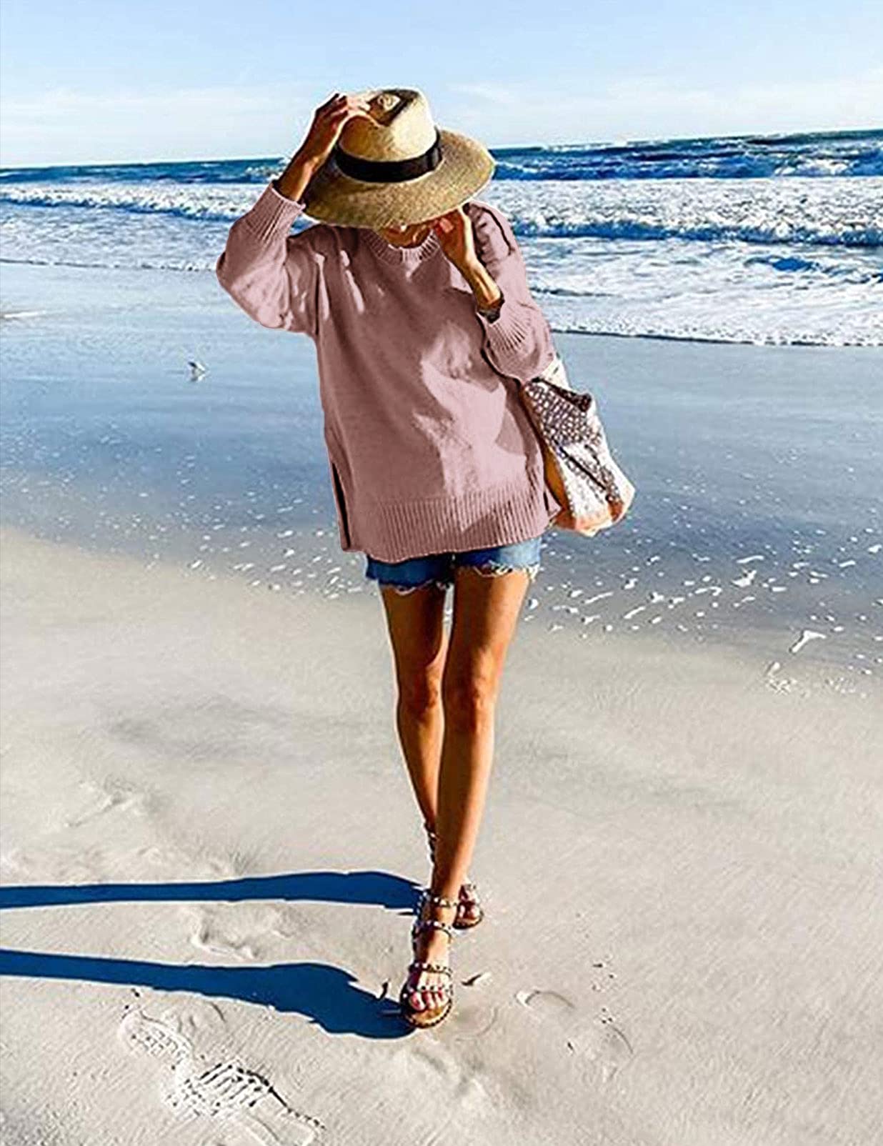 Women's Casual Crew Neck Side Split Pullover Sweater