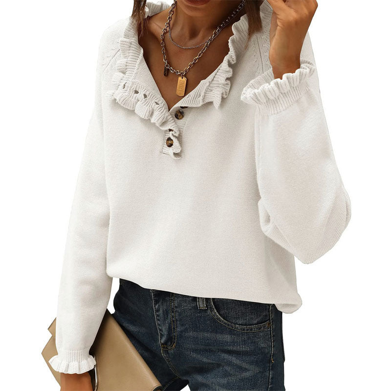 Women's Crew Neck Ruffle Cashmere Pullover Sweater