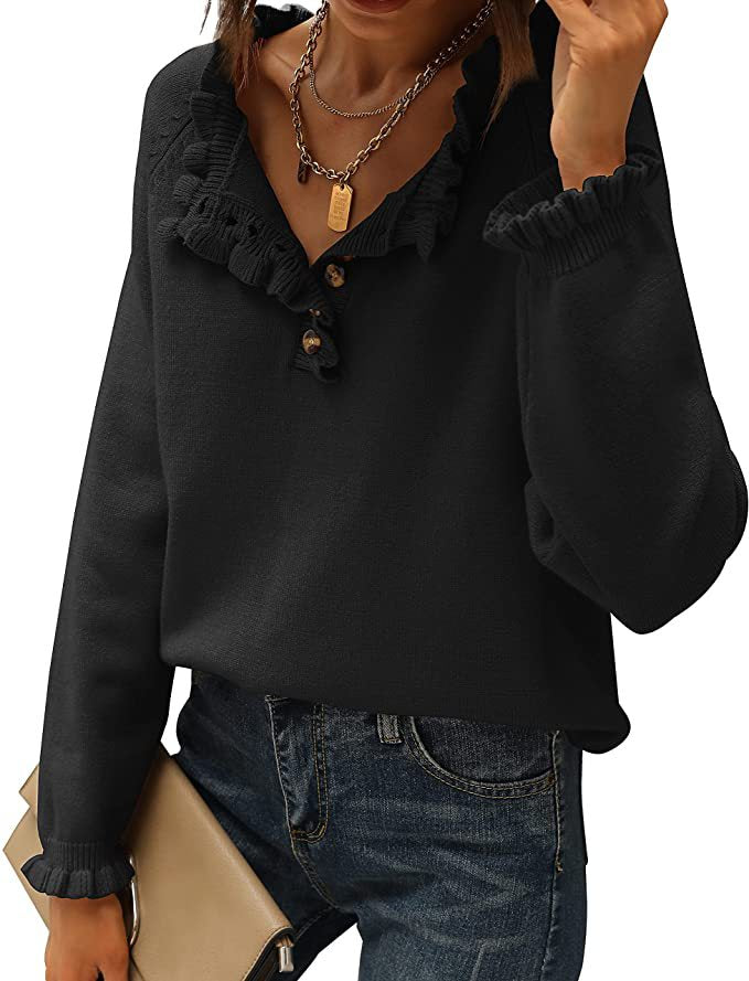 Women's Crew Neck Ruffle Cashmere Pullover Sweater