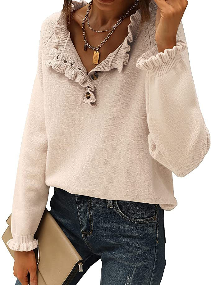 Women's Crew Neck Ruffle Cashmere Pullover Sweater