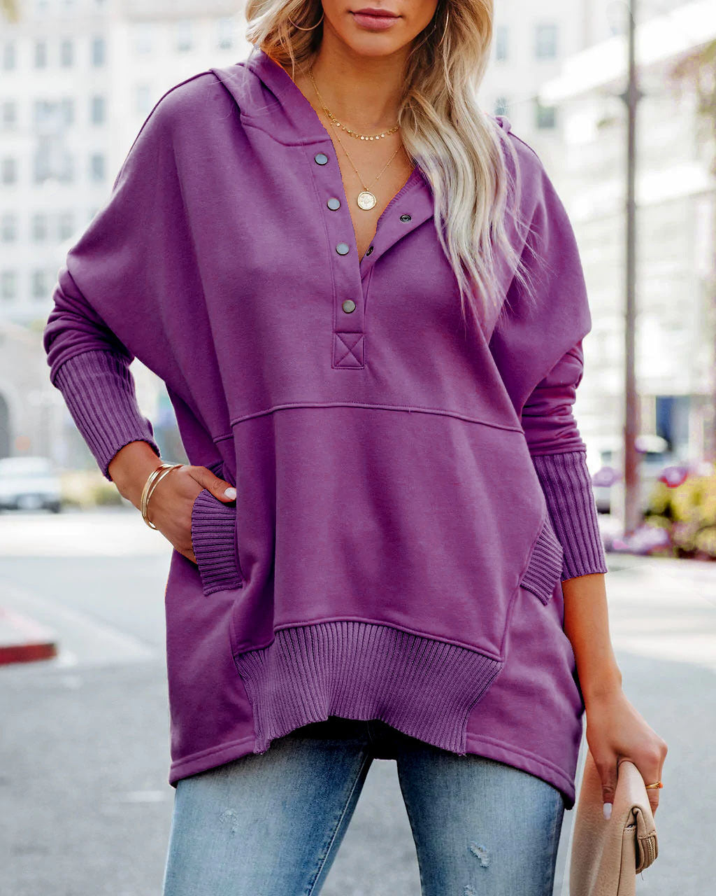 Oversized Pullover Sweatshirt with Pockets—Buy 2 Free Shipping
