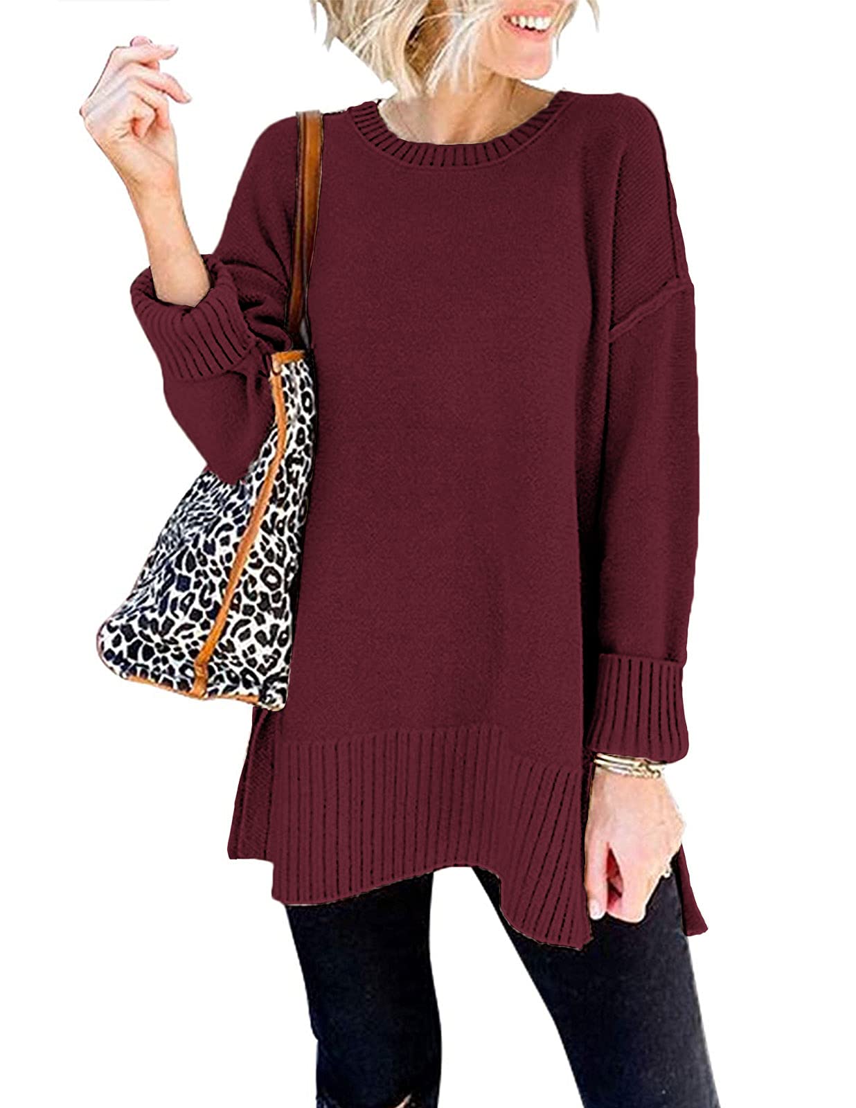 Women's Casual Crew Neck Side Split Pullover Sweater