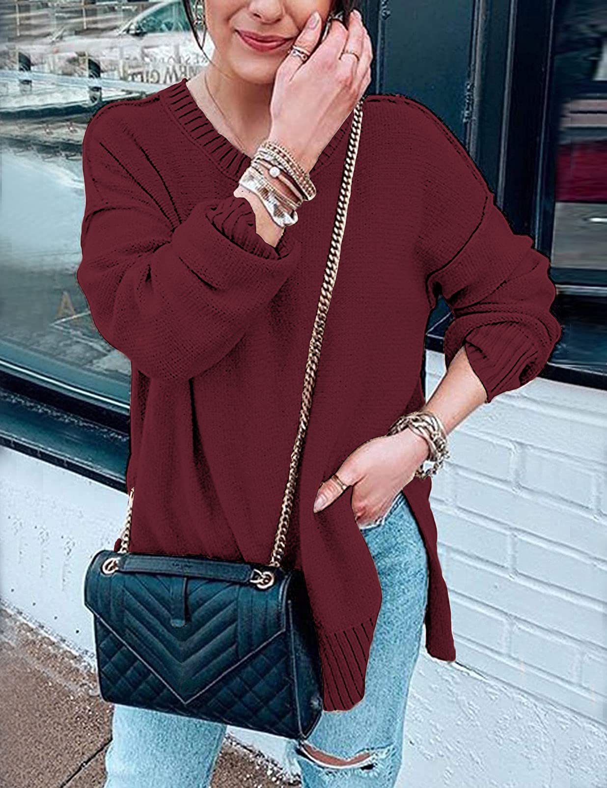 Women's Casual Crew Neck Side Split Pullover Sweater