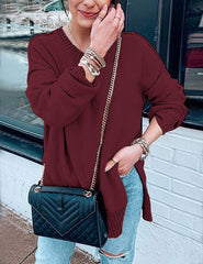 Women's Casual Crew Neck Side Split Pullover Sweater