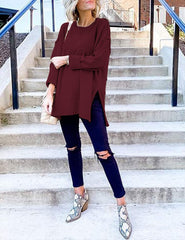 Women's Casual Crew Neck Side Split Pullover Sweater