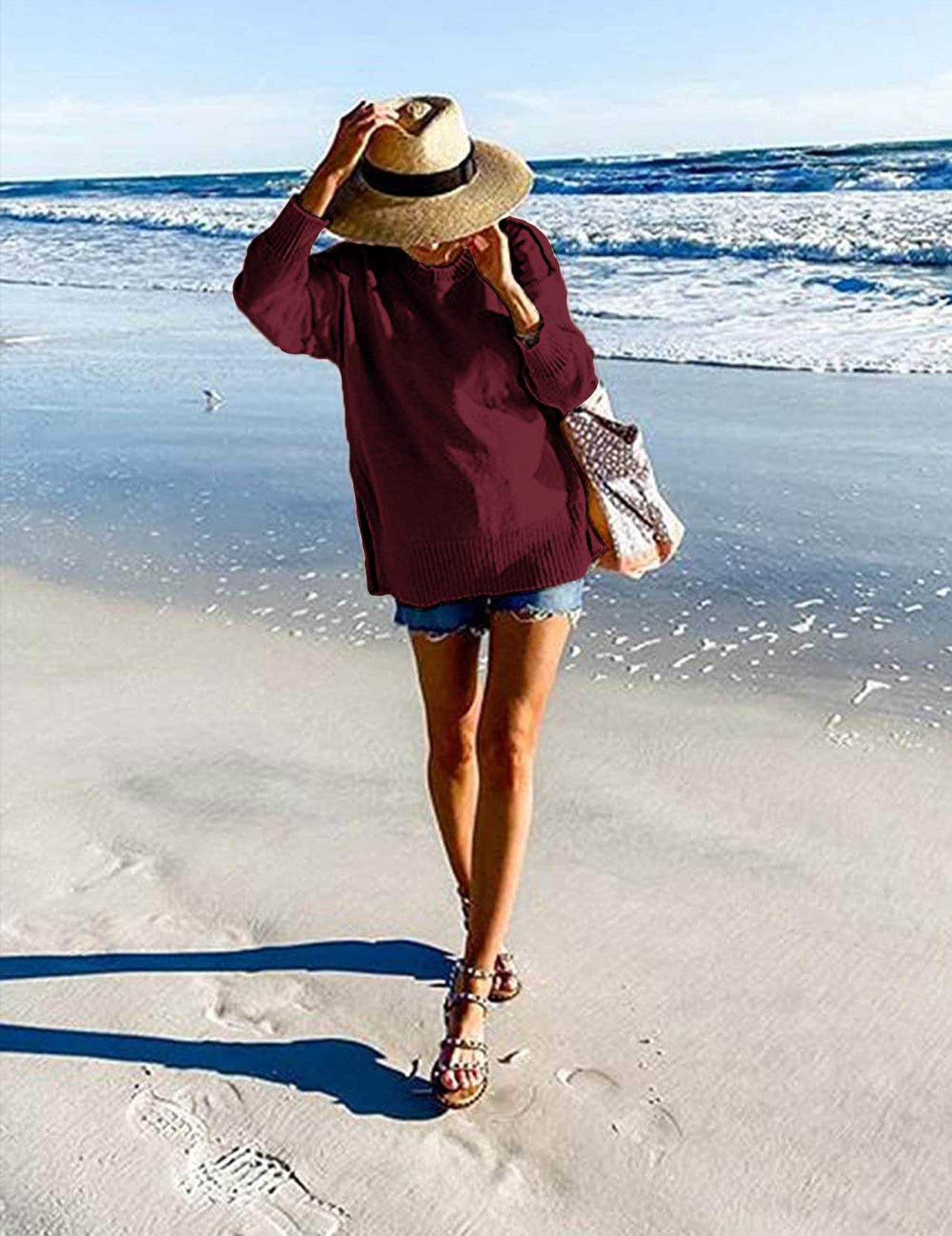 Women's Casual Crew Neck Side Split Pullover Sweater