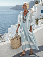 Women'S V-Neck Half Sleeve Striped Printed Cotton And Linen Dress