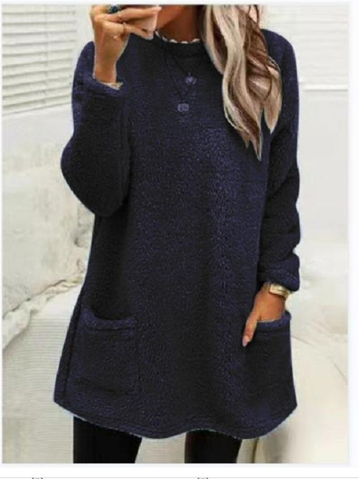 Women's Sweatshirt Pullover Sherpa Fleece Teddy Pocket Marron Blue Purple Solid Color Street Round Neck Long Sleeve Fleece S M L XL 2XL 3XL