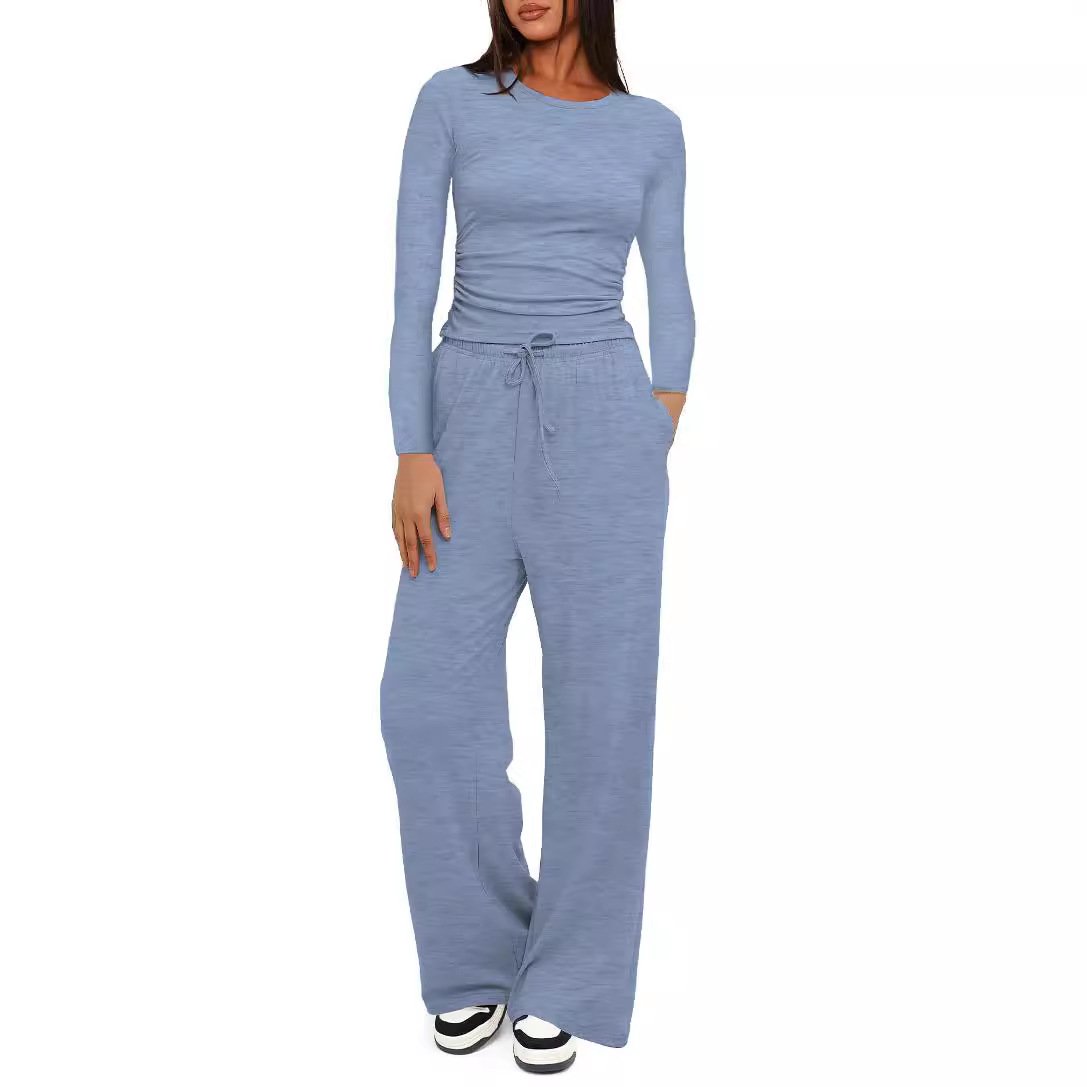 Two-piece Set Women's Solid Ruched Tee & Drawstring Pocket Pants Lounge Set