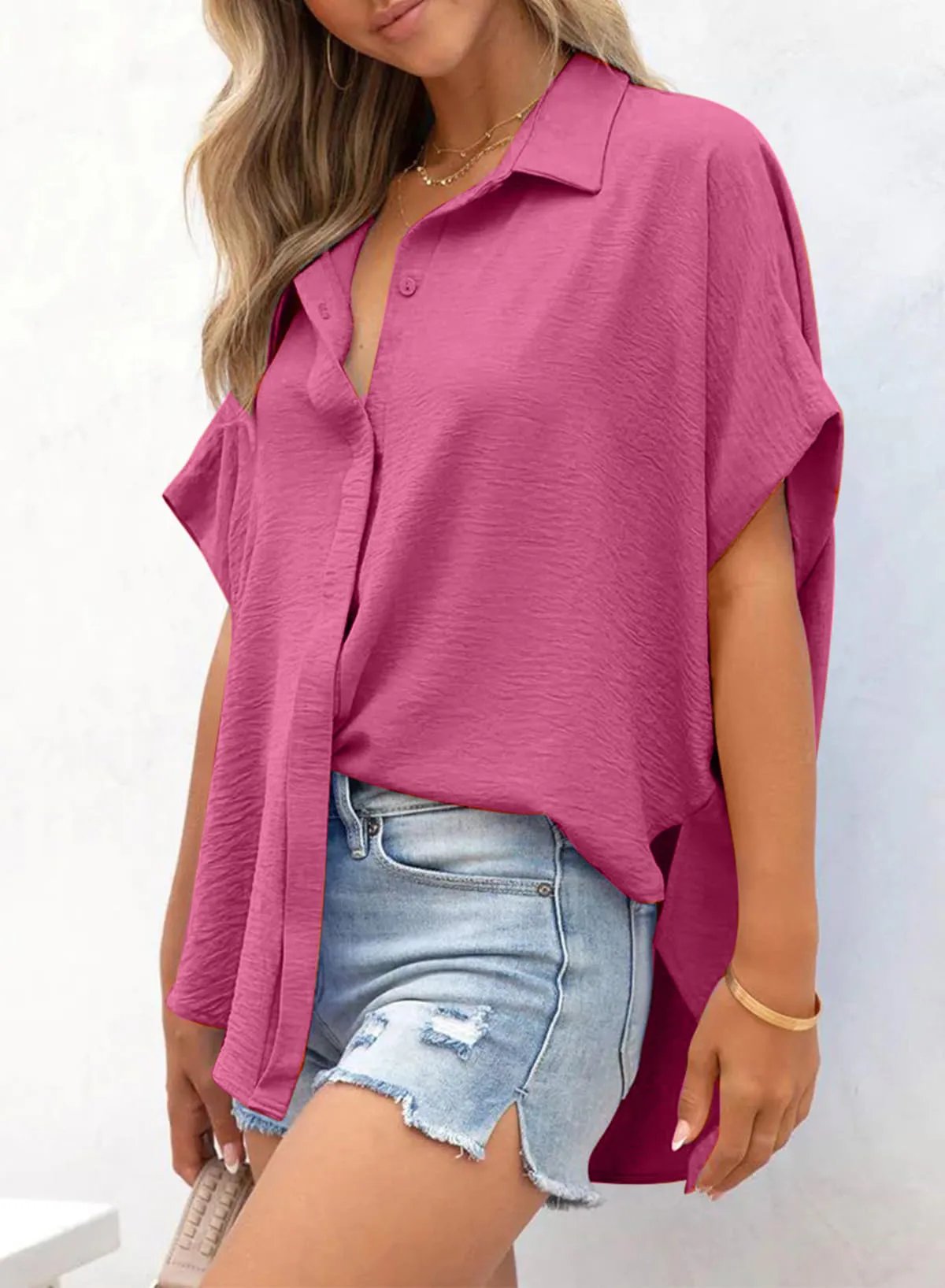 Women's Casual Button Short Sleeve Slit Hem Shirt Solid Color Tops