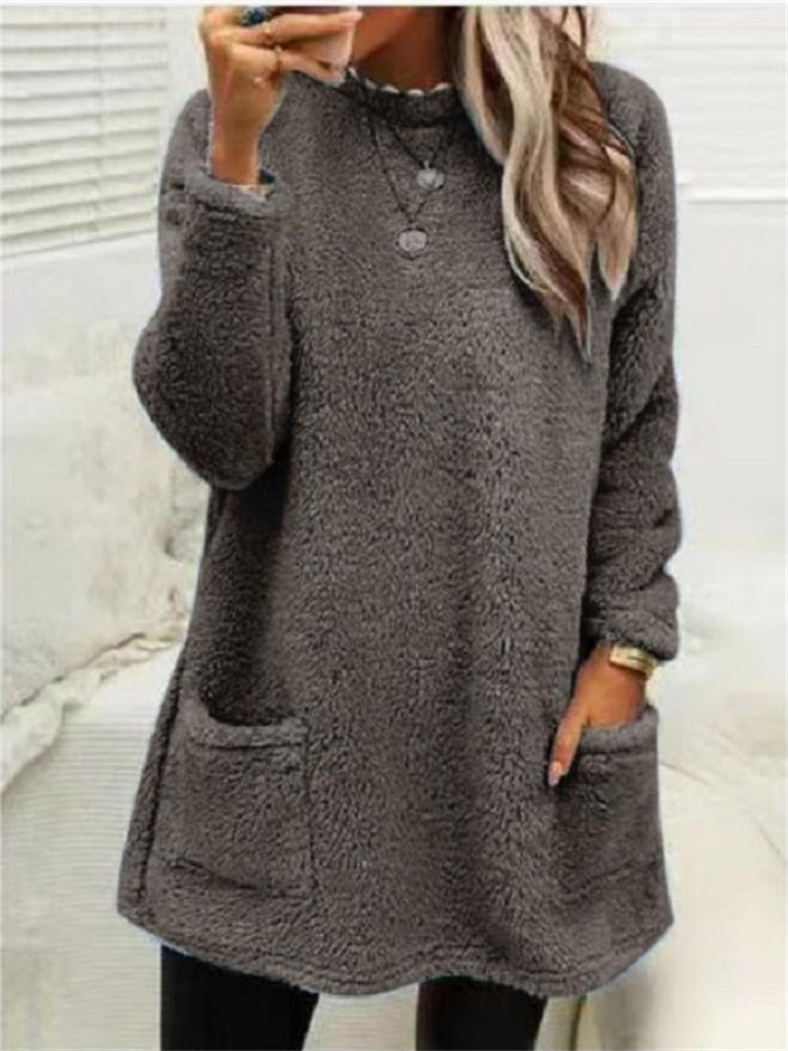 Women's Sweatshirt Pullover Sherpa Fleece Teddy Pocket Marron Blue Purple Solid Color Street Round Neck Long Sleeve Fleece S M L XL 2XL 3XL
