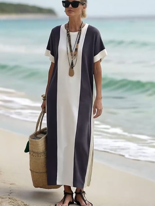 Women's Holiday Contrast Print Round Neck Loose Dress
