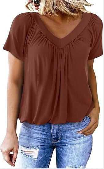 Casual Women's Top with Pleated V-Neck and Short Sleeves