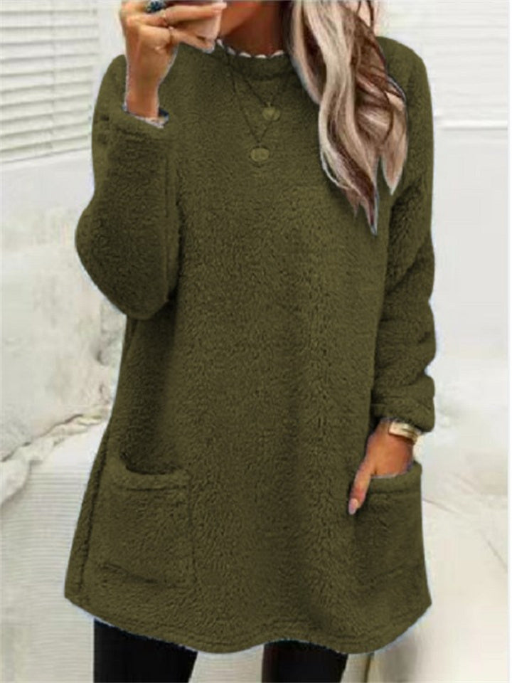 Women's Sweatshirt Pullover Sherpa Fleece Teddy Pocket Marron Blue Purple Solid Color Street Round Neck Long Sleeve Fleece S M L XL 2XL 3XL