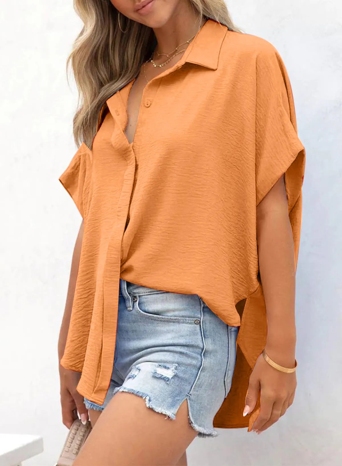 Women's Casual Button Short Sleeve Slit Hem Shirt Solid Color Tops
