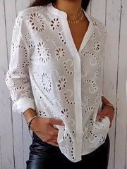 Women's Solid Color V-Neck Hollow Design Casual Shirt